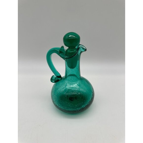 Vintage MCM Handblown Crackle Glass Turquoise Green Blue Cruet Bubble Stopper - Picture 5 of 11